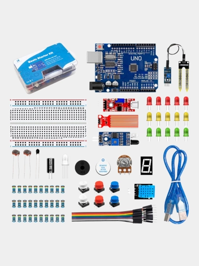 Starter Kit Arduino Uno R3 uchun: diodlar, sensorlar, plata, USB va boshqa qismlar DIY - 