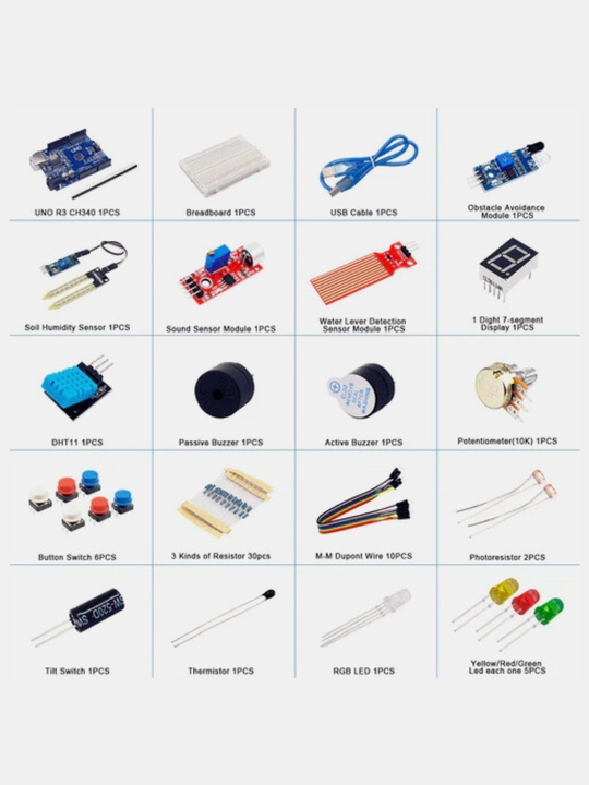 Starter Kit Arduino Uno R3 uchun: diodlar, sensorlar, plata, USB va boshqa qismlar DIY