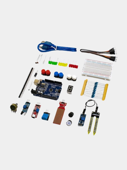 Starter Kit Arduino Uno R3 uchun: diodlar, sensorlar, plata, USB va boshqa qismlar DIY