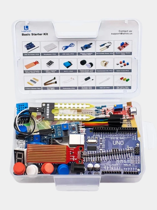 Starter Kit Arduino Uno R3 uchun: diodlar, sensorlar, plata, USB va boshqa qismlar DIY