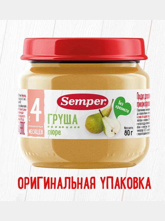 Bolalar meva pyuresi Semper, nok, shakarsiz, birinchi oziqlantirish uchun, 4 oydan, 80 gr