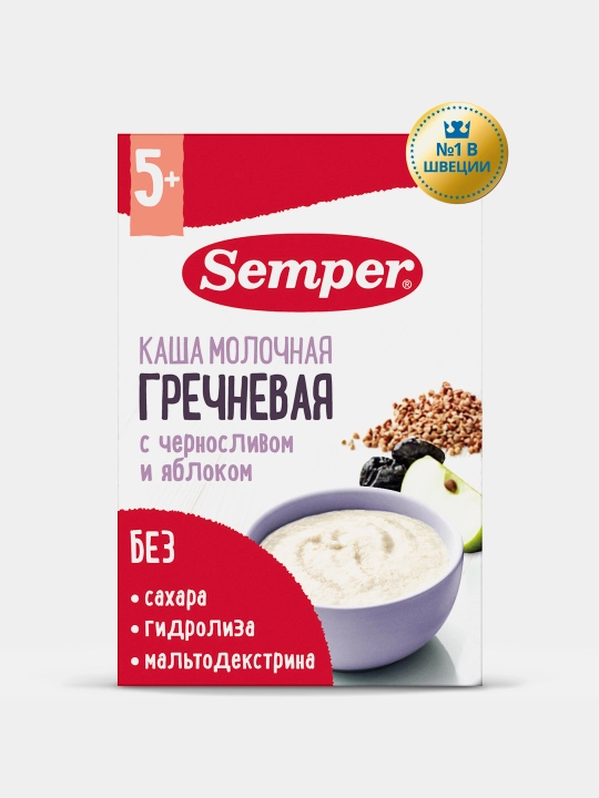 Grechka sutli bo'tqasi Semper, o'rik va olma, shakarsiz quruq, 5 oydan boshlab, 180 gr