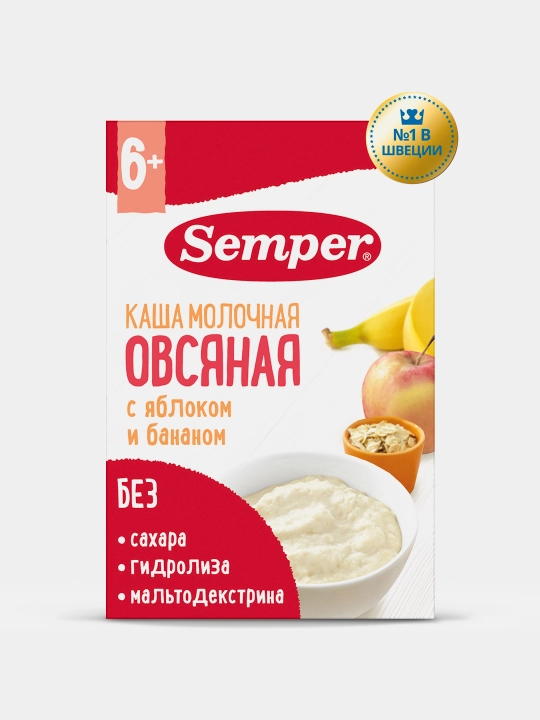 Sutli yorma bo'tqasi Semper, olma va banan bilan, shakarsiz, quruq, 6 oydan boshlab, 180 g - 