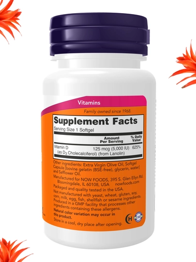 NOW Foods, Витамин D3 5000 ME, 10000 ME, мягкие капсулы, Халяль — NOWORIG-D5000-0387