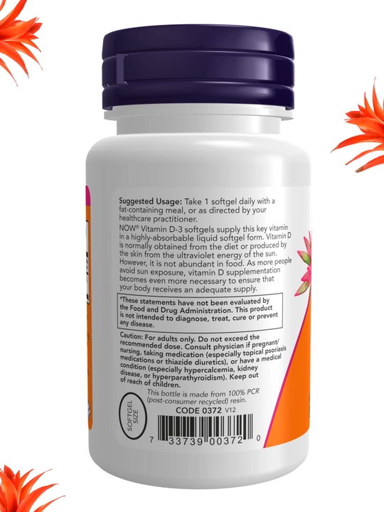 NOW Foods, Витамин D3 5000 ME, 10000 ME, мягкие капсулы, Халяль