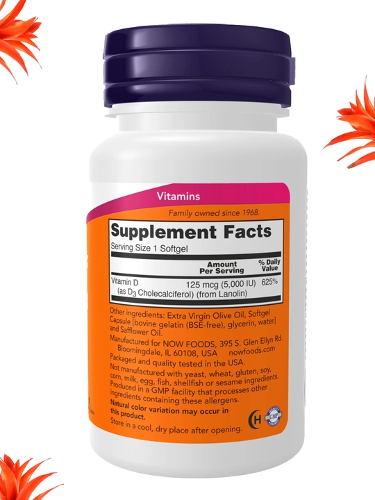 NOW Foods, Витамин D3 5000 ME, 10000 ME, мягкие капсулы, Халяль