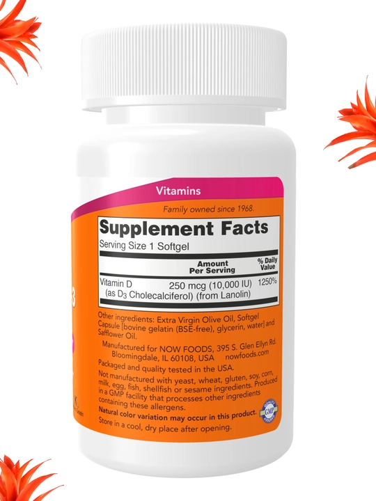 NOW Foods, Витамин D3 5000 ME, 10000 ME, мягкие капсулы, Халяль