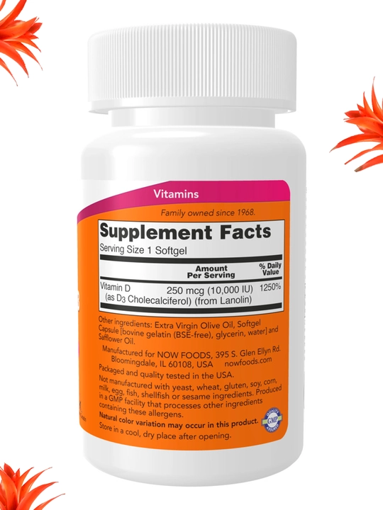 NOW Foods, Витамин D3 5000 ME, 10000 ME, мягкие капсулы, Халяль