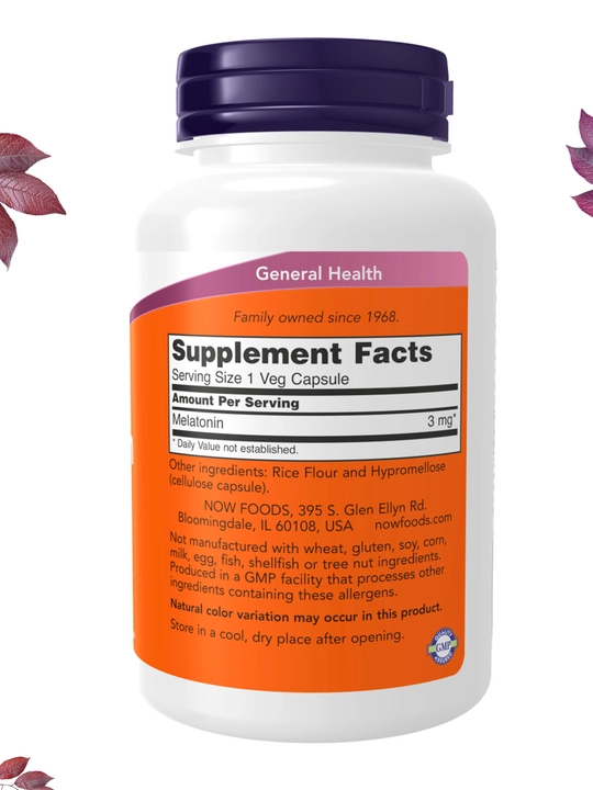 Мелатонин NOW Supplements, цикл здорового сна, 3 мг, 60 капсул, Халяль