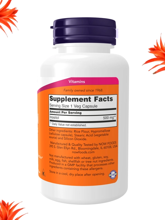 NOW Supplements, Inositol 500 mg, membrana va hujayra salomatligi, 100 kapsula Halol