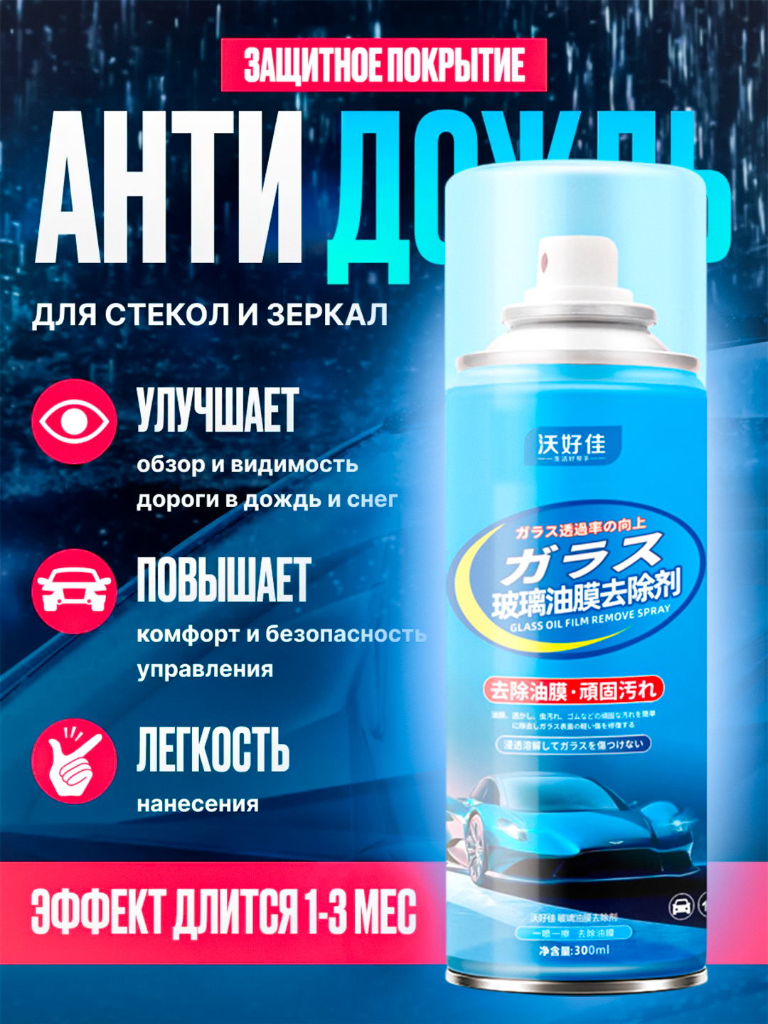 Антидождь и очиститель масляной пленки для автомобильного стекла, 300 мл, стеклоочиститель - 