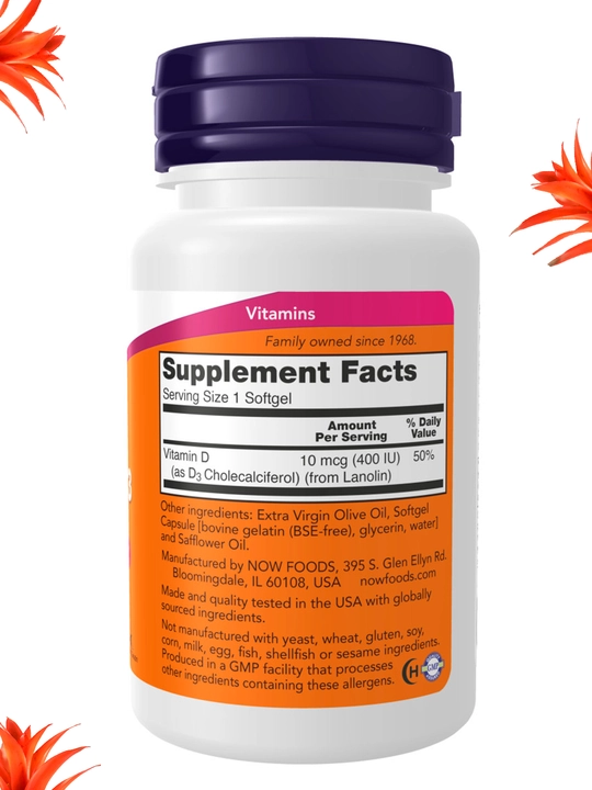 NOW Foods, Витамин D3 400 ME, 1000 ME, 2000 ME , мягкие капсулы, Халяль