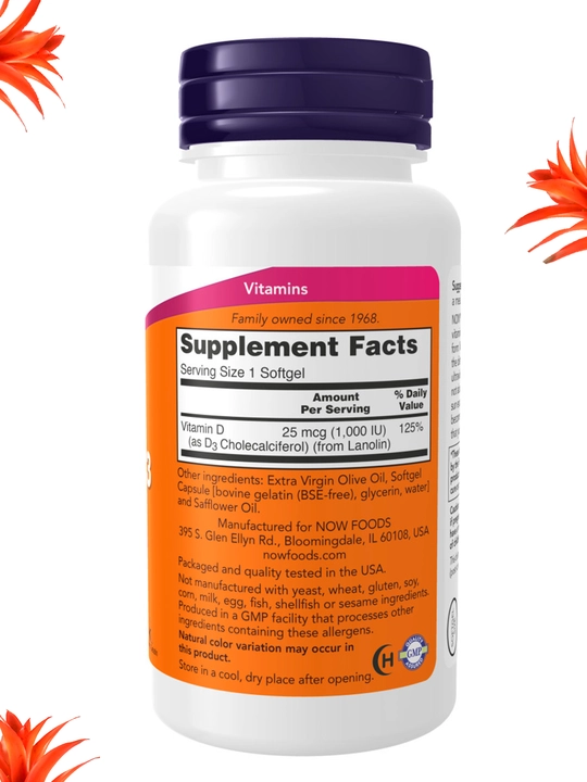 NOW Foods, Витамин D3 400 ME, 1000 ME, 2000 ME , мягкие капсулы, Халяль