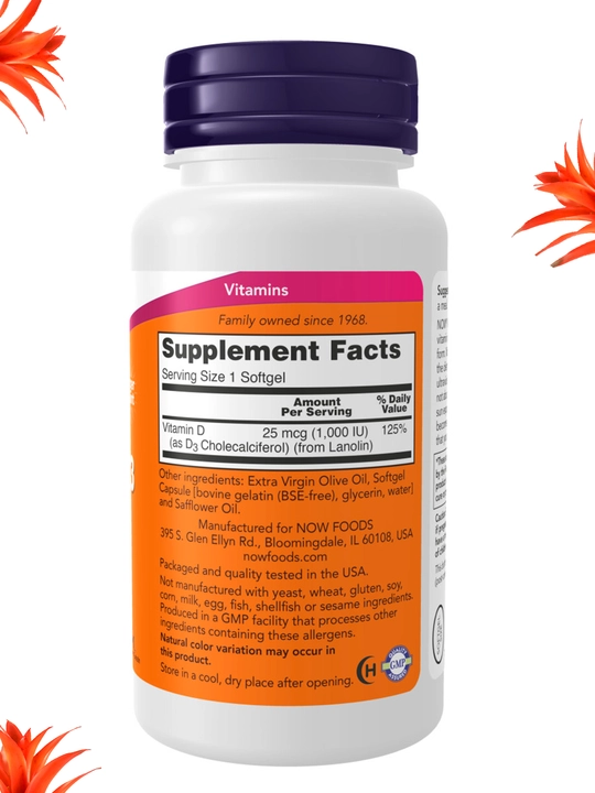 NOW Foods, Витамин D3 400 ME, 1000 ME, 2000 ME , мягкие капсулы, Халяль