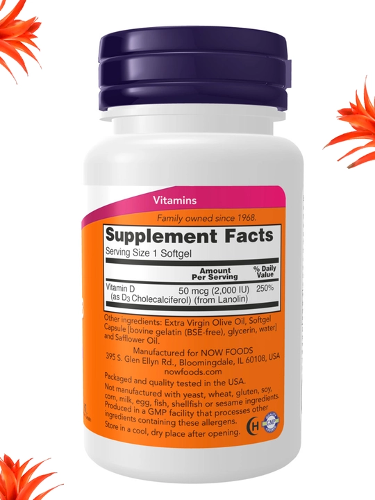 NOW Foods, Витамин D3 400 ME, 1000 ME, 2000 ME , мягкие капсулы, Халяль