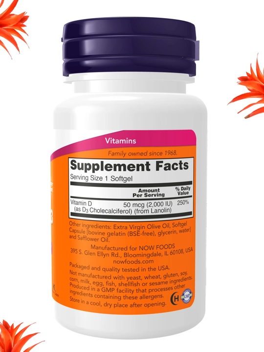 NOW Foods, Витамин D3 400 ME, 1000 ME, 2000 ME , мягкие капсулы, Халяль