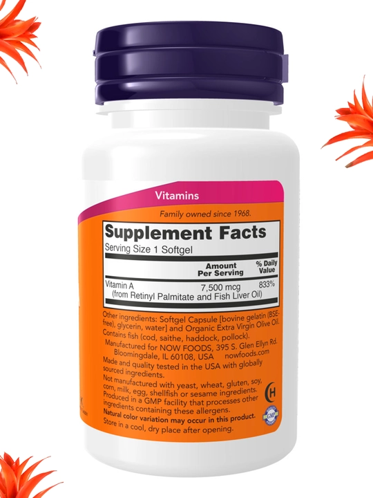 Kapsulalar Now Supplements, Vitamin A 10000 ME va 25000 ME, 100 dona,