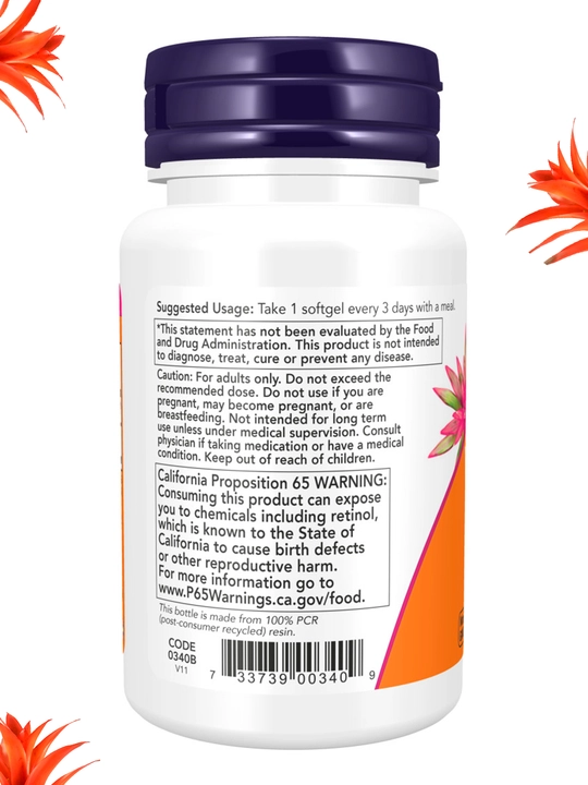 Kapsulalar Now Supplements, Vitamin A 10000 ME va 25000 ME, 100 dona,