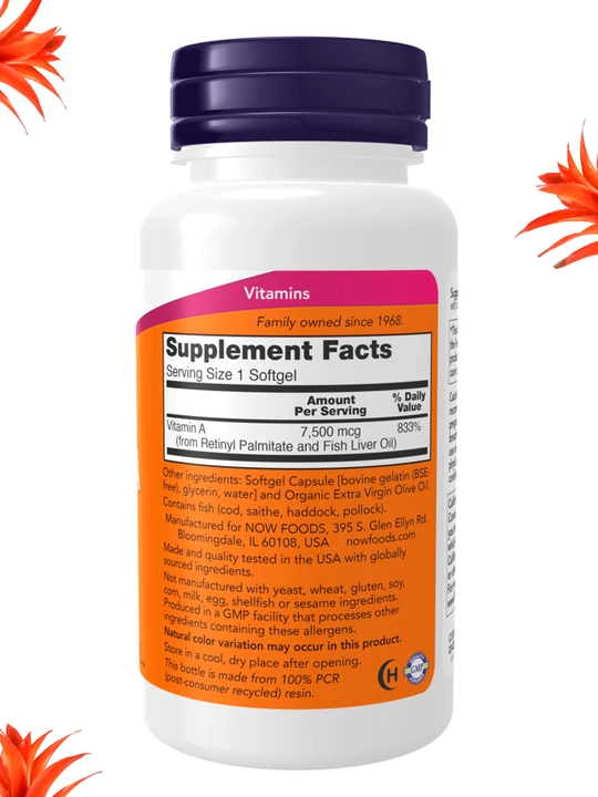 Kapsulalar Now Supplements, Vitamin A 10000 ME va 25000 ME, 100 dona,