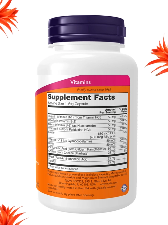 NOW Supplements, Vitamin B-50 mg, asab tizimining salomatligi, Halol
