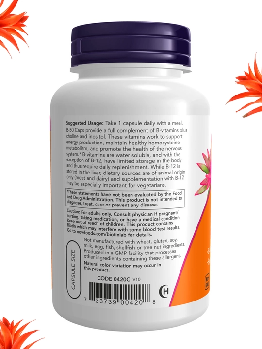 NOW Supplements, Vitamin B-50 mg, asab tizimining salomatligi, Halol