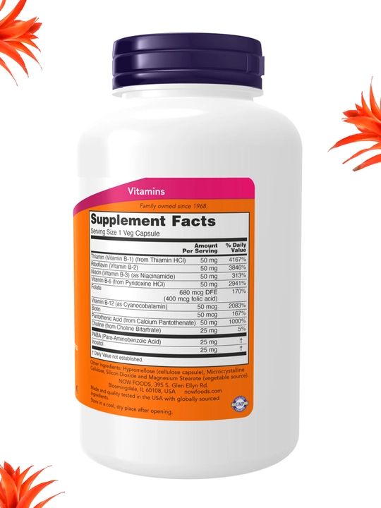 NOW Supplements, Vitamin B-50 mg, asab tizimining salomatligi, Halol