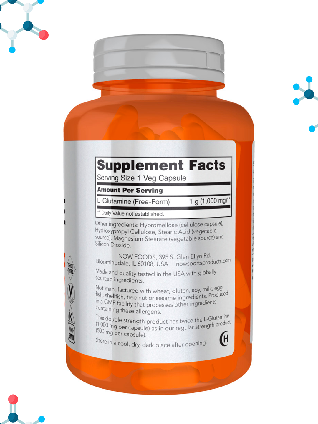 NOW Foods, Sports, L-глутамин, двойная сила, 1000 мг, 120 капсул, Халяль
