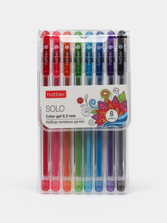 Набор гелевых ручек Hatber Solo ColorGel, 8 цв, 0.5 мм в пластиковом пенале с европодвесом - 