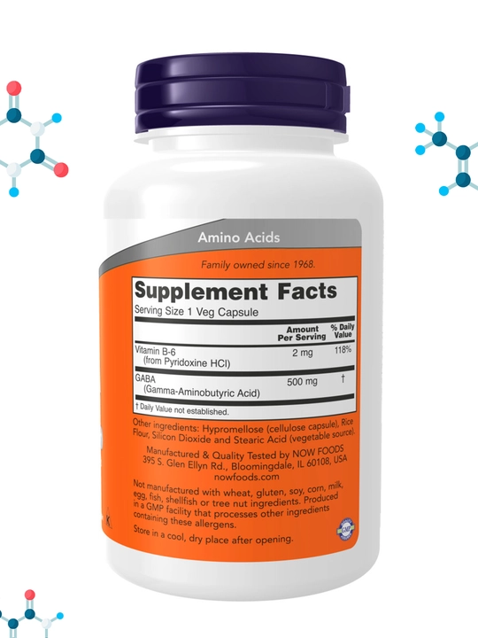 NOW Supplements, ГАБА, гамма-аминомасляная кислота, 500 мг + B-6 Витамин, Халяль
