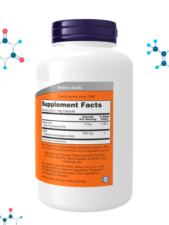 NOW Supplements, ГАБА, гамма-аминомасляная кислота, 500 мг + B-6 Витамин, Халяль