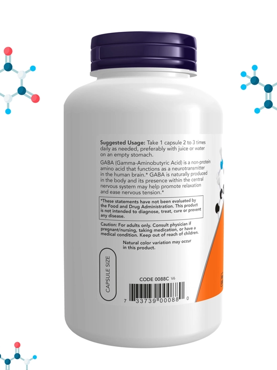 NOW Supplements, ГАБА, гамма-аминомасляная кислота, 500 мг + B-6 Витамин, Халяль