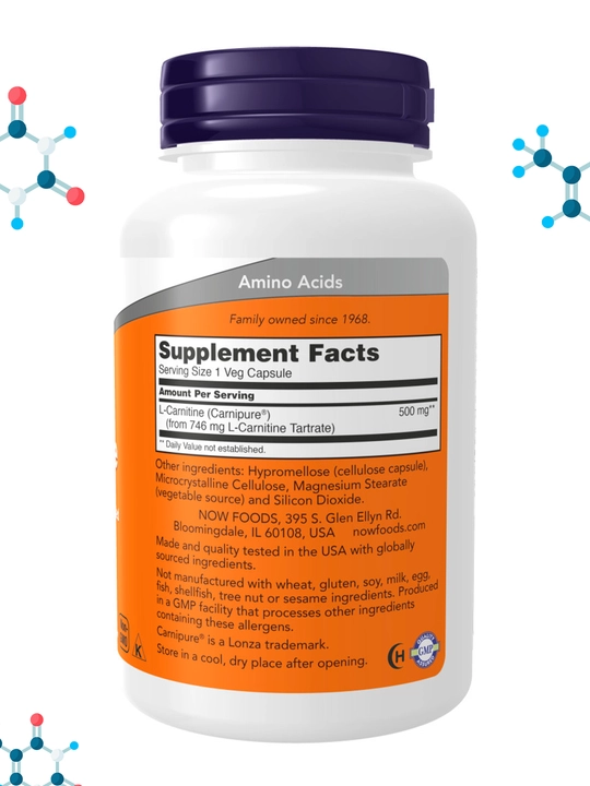 Now Foods, L-Carnitine, 500 mg, kapsulalarda, Halol