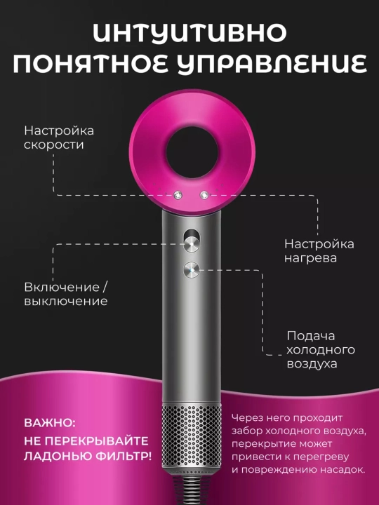 Фен для волос профессиональный, мощный с насадками, 5 в 1, 2 в 1
