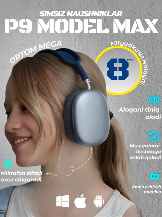 Simsiz minigarnituralar P9 MAX, FM radio, mikrofon, zaryadsiz ishlaydi
