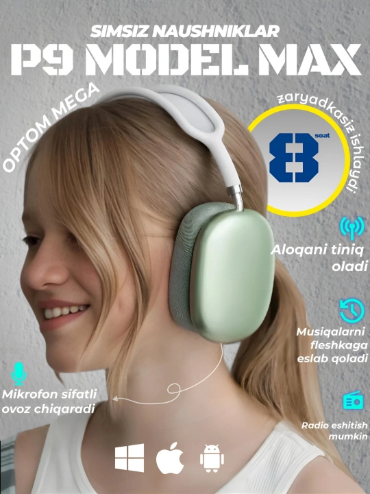 Simsiz minigarnituralar P9 MAX, FM radio, mikrofon, zaryadsiz ishlaydi