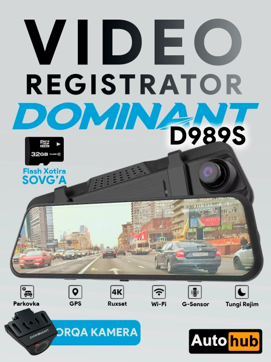 Videoregistrator Dominant D989S 4K, sensor ekranli va Wi-Fi bilan - 