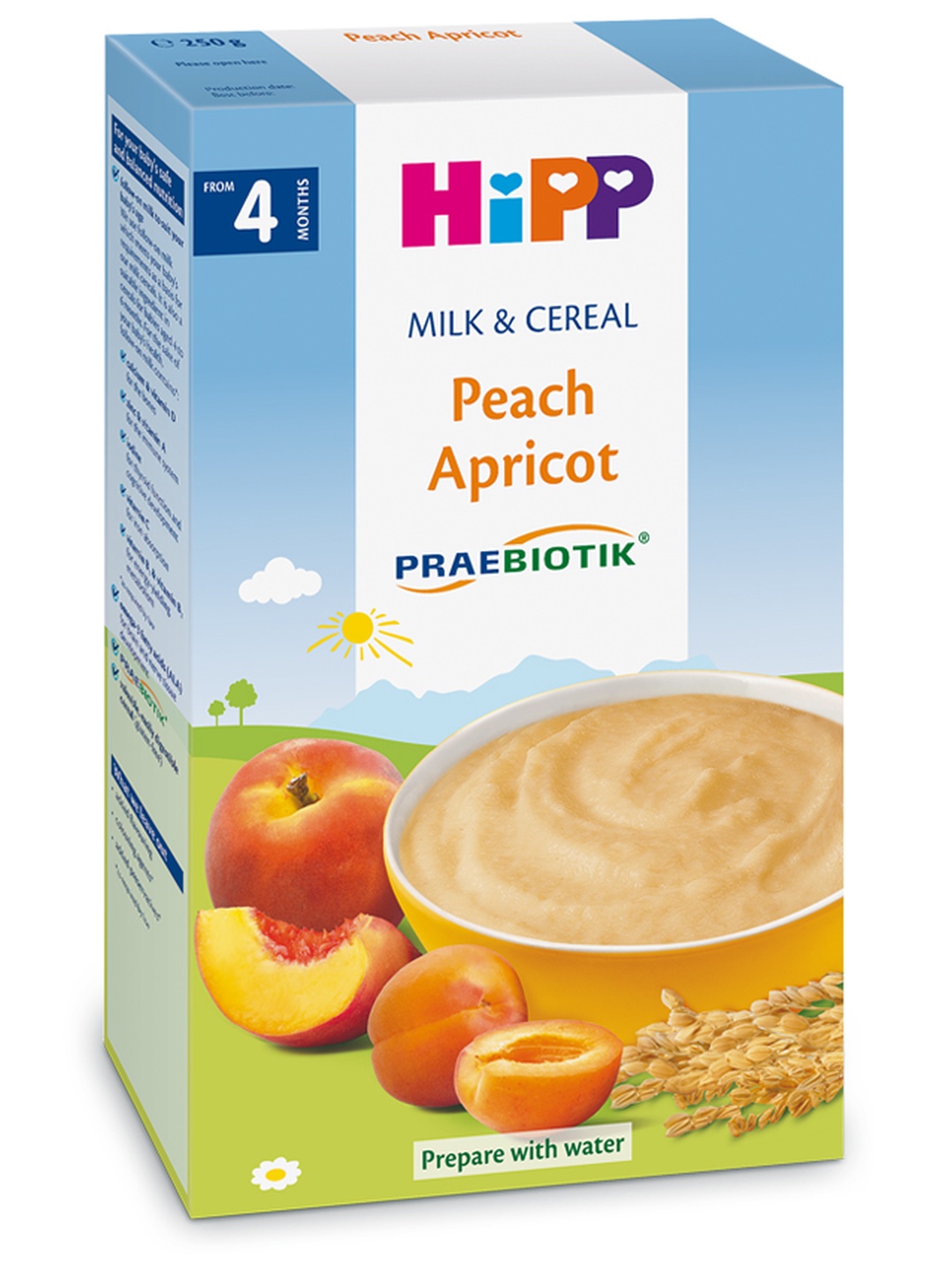 HIPP bolalar sutli bo‘tqasi guruch makkajo‘xori shaftoli o‘rik probiotiklar bilan 4oydan