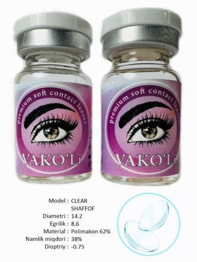 Контактные линзы VAKO'Li для глаз прозрачные, 12 месяцев, 2 линзы, CLEAR -0.75 — ЛИНЗЫ-2342