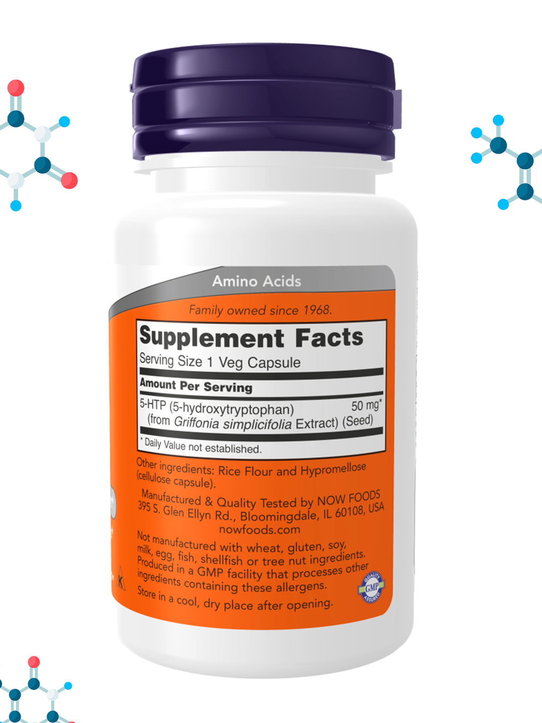 NOW FOODS, 5-HTP, 5-гидрокситриптофан, 50 мг в капсулах, Халяль