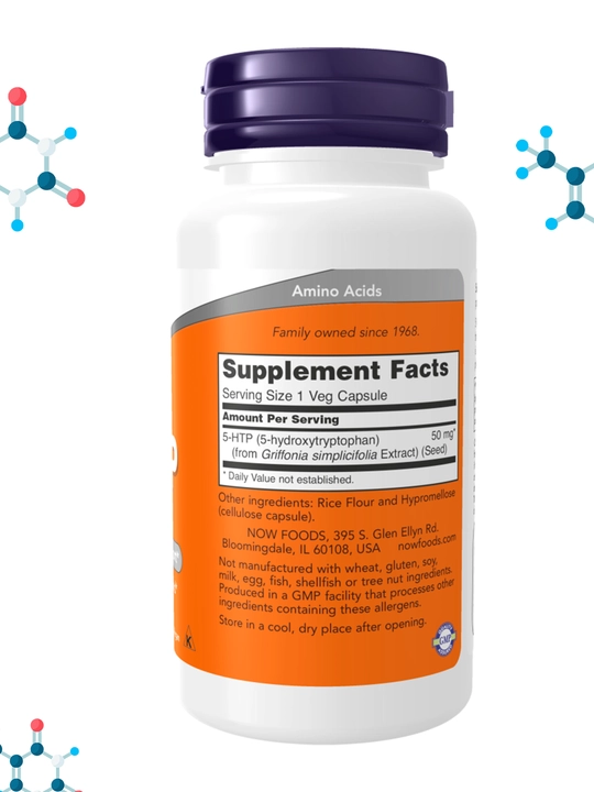 NOW FOODS, 5-HTP, 5-гидрокситриптофан, 50 мг в капсулах, Халяль
