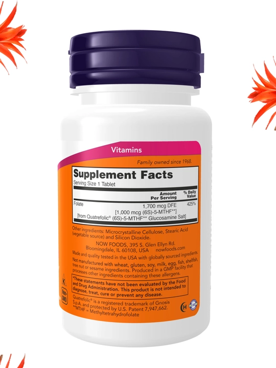 NOW Supplements, Metil folat 1000 mkg, metabolik faol folat *, 90 tabletka Halol