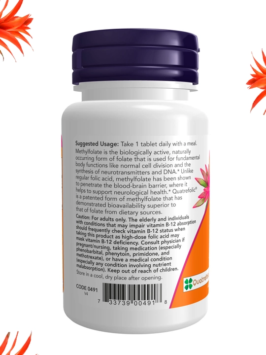NOW Supplements, Metil folat 1000 mkg, metabolik faol folat *, 90 tabletka Halol