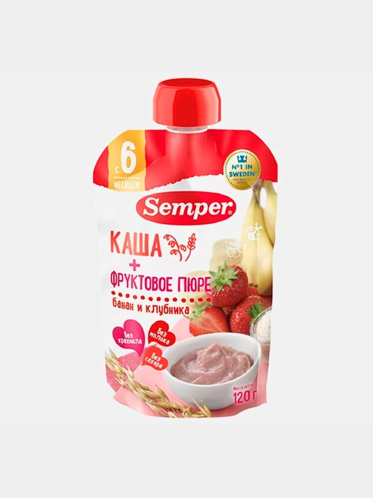 Фруктово - зерновое пюре Semper, бананово - клубничное с кашей, с 6 месяцев, 120 г - 