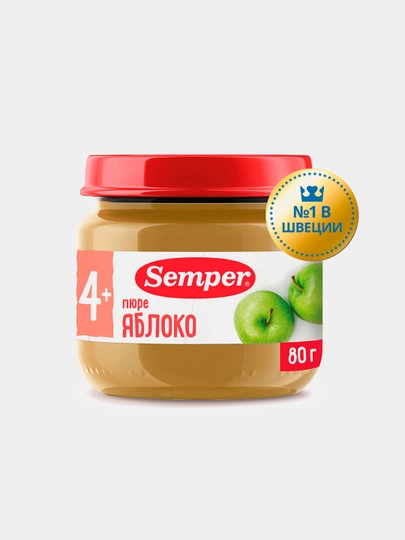 Пюре детское Semper, яблоко, для первого прикорма, без сахара, с 4 месяцев, 80 г - 