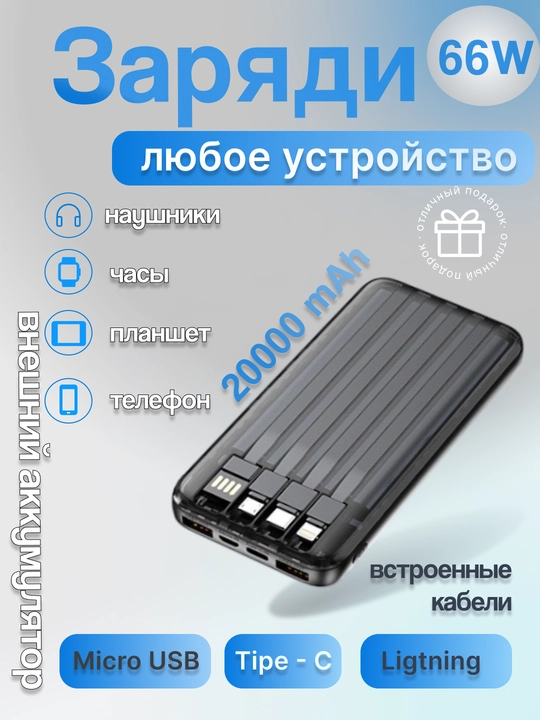 Power bank Внешний аккумулятор 66W, 10000mA и 20000mA, с быстрой зарядкой, 22.5w, 2 цвета