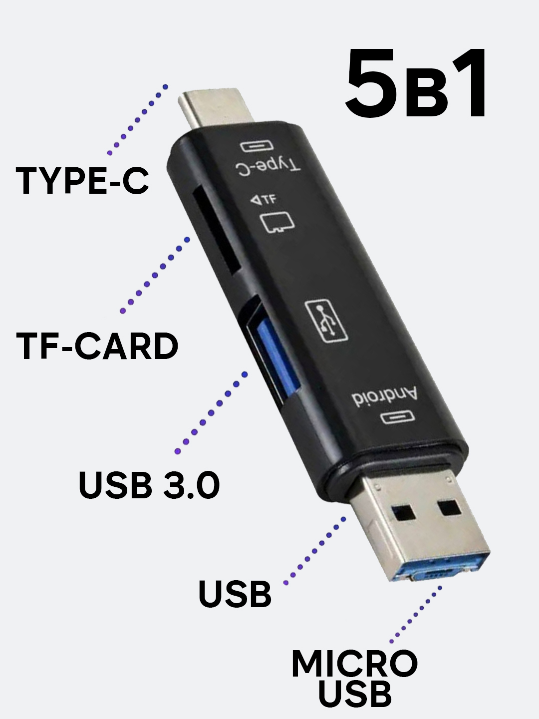 Ko'p funktsiyali, 5 tasi 1 da, USB kartani o'quvchi, Type-C, Micro USB, SD / TF kartalarini qo'llab - quvvatlash