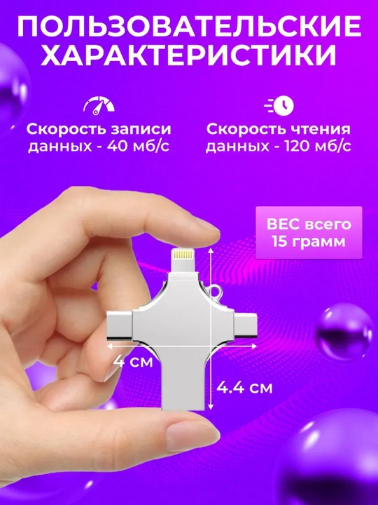 Флешка 4 в 1 для iPhone (до 12), Android, Mac, Window 128 ГБ, 256 ГБ, 512 ГБ, 1 ТБ
