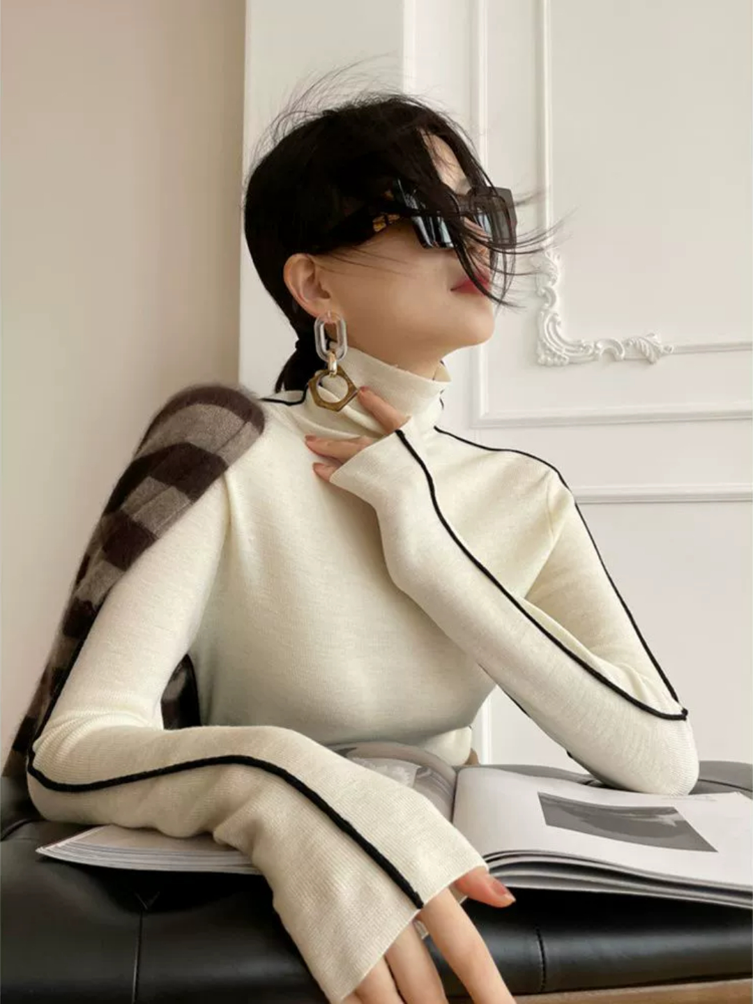 Ayollar sviteri, longsliv, slim-fit, bo'yingacha, chiziqli - 