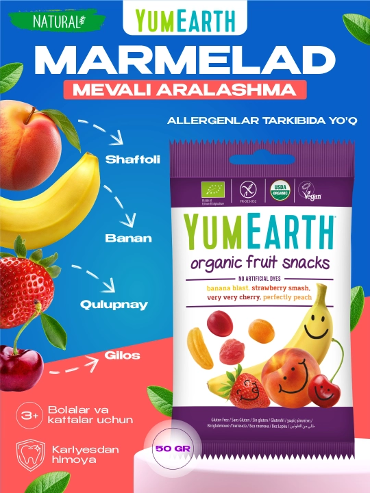 YumEarth organik chaynaydigan tabiiy marmelad, 50 gr