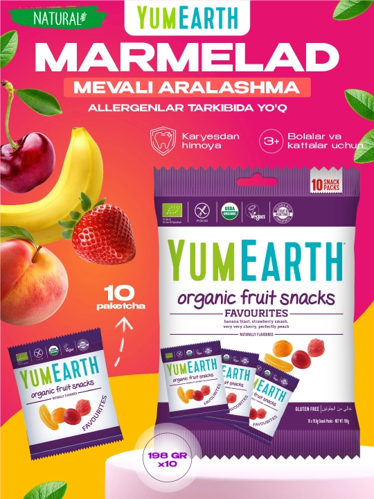YumEarth, organik va vegetarian marmelad, mevali tamaddi, 198 gr